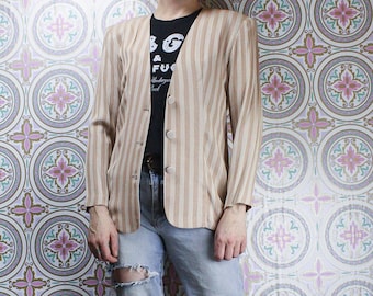 90's Striped Womens Blazer, Two Tone Tan, Casual Earth Tones Jacket, Size Small