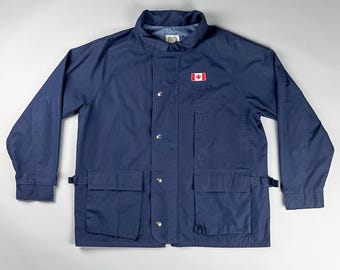 Vintage Chore Jacket | 80's Navy Blue Men's Lightweight Oversized Coat, Large Pockets | Size Large