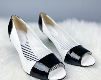 Vintage High Heels | 90's Black & White Vegan Patent Leather Peep Toe Shoes | Size 6
