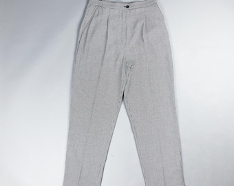 Pantalones plisados vintage / Pantalones de mujer de tweed a cuadros blancos y negros con estampado pata de gallo, estilo años 80 / Talla pequeña (cintura de 28")