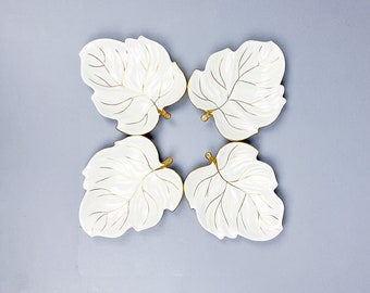 Carlton Ware Dishes | Vintage MCM Set of Four Porcelain Small Side Dish Leaf Shaped Plates | White with Gold Paint