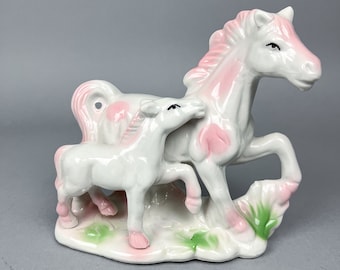 Porcelain Horses Figurine | Vintage 80's White & Pink Mother and Foal Home Accent