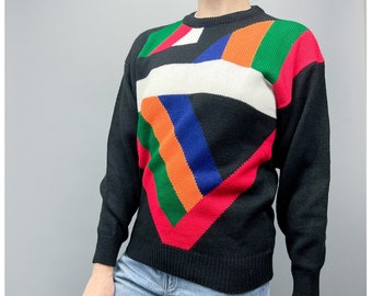 Vintage Abstract Sweater | 80's Multi Color Mixed Stripes Knit Jumper | Size Small