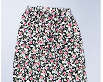 Sheer Floral Skirt | Vintage 90's Black & Pink Roses Wildflower Busy Print Broom Skirt | Size Large