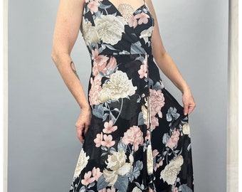 Floral Maxi Dress | Vintage 00's Flirty Black & Pastel Floral Print Long Flowy Dress with Spaghetti Straps | Size Medium