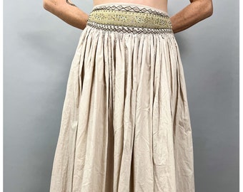 Vintage Broom Skirt | 90's Beige Gathered Skirt with Embroidered & Beaded Waist | Size Medium 30" Waist