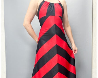 70's Maxi Dress | Vintage Red & Black Chevron Stripes Sleeveless Dress | Size Small