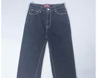 Black Denim Capri | Vintage Y2K Black Crop Jeans with White Top Stitch Details | Size Small