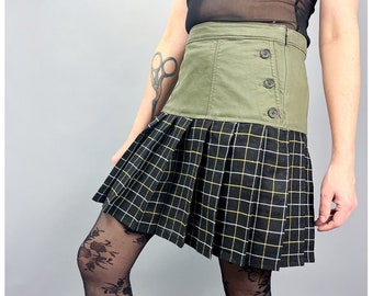 Plaid Mini Skirt | Reworked Khaki Skirt with Plaid Pleats | Size Medium 32" Waist