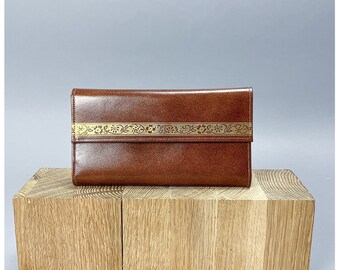 Clutch Wallet Purse | Vintage 80's Brown Leather Wallet With Gold Floral Stripe with Multi Pockets & Space