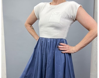Fit & Flare Dress | Vintage 80's Does 50's Short Sleeve Dress with Skirt Crinoline | Cream and Blue | Size Small