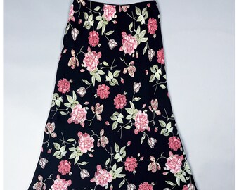 Floral Slip Skirt | Vintage 90's Rose Patterned Floaty Bias Cut Midi Skirt with Elastic Waist | Size Medium