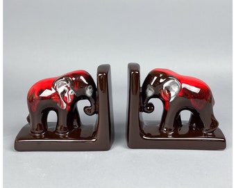 Vintage Elephant Bookends | 70's Animal Figurine Pottery Bookends with Flame Drip Glaze | Rare Canadiana Home Decor