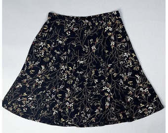 Rayon Floral Skirt | Vintage 90's Black Flowy Botanical Patterned Skirt, Below The Knee Length | Size XXL