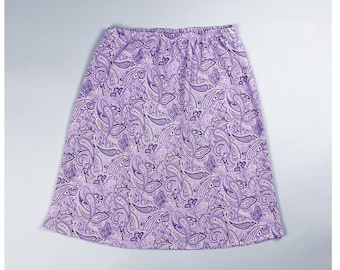 Y2K Slip Skirt | Vintage Purple Paisley Patterned Knee Length Floaty Skirt with Elasticized Waist | Size Large