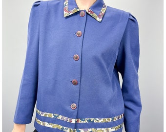 Cottage Core Jacket | Vintage Women's Blue Blazer with Floral Trim | Size Small to Medium