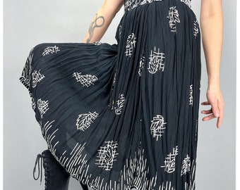 Vintage Broom Skirt | 90's Black & White Leaf Print Semi Sheer Midi Skirt with Drawstring Waist | Size Small to Medium