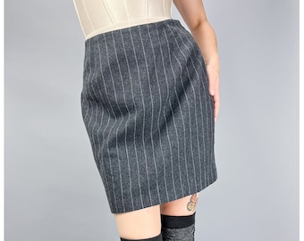 Pinstripe Mini Skirt | Vintage 90's Grey Short Suit Skirt | Size Medium