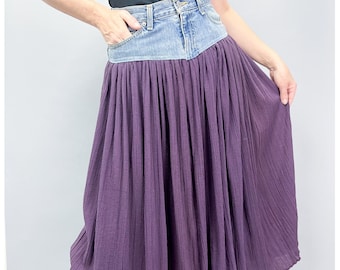 Maxi Broom Skirt | Upcycled Denim & Grape Gathered Long Skirt | Size Medium