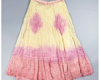 Silk Broom Skirt | Vintage Pink & Yellow Crinkle Textured Floaty Maxi Skirt with Silver Sequins | Size Small to Medium