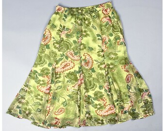 Floaty Midi Skirt | Vintage Y2K Green Pink Paisley Patterned Long Skirt with Ruffled Hem | Size Medium