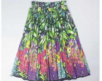 Floral Broom Skirt | Vintage 90's Bold Tropical Flower Patterned Crinkle Textured Maxi Skirt with Drawstring Elastic Waist | Size Small