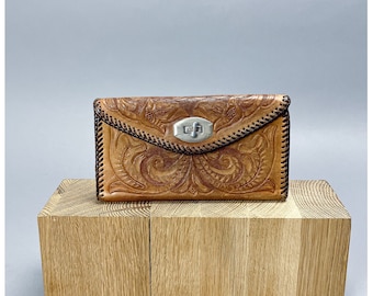 Tooled Leather Wallet | Vintage 70's Floral Engraved Western Clutch Wallet with Light Distressing