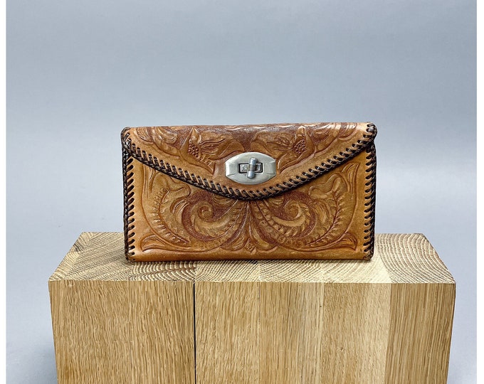 Tooled Leather Wallet | Vintage 70's Floral Engraved Western Clutch Wallet with Light Distressing