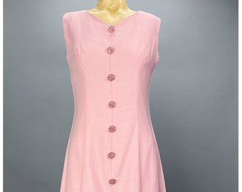 60's Cocktail Dress | Vintage Pastel Pink Mini Scooter Dress with Rhinestone Buttons | Sleeveless | Size Extra Small