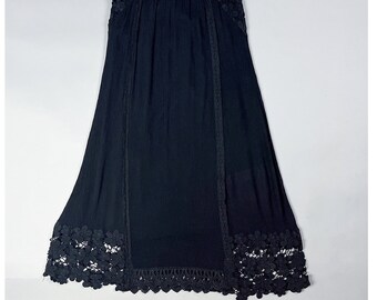 Black Maxi Skirt | Vintage 90's Crinkle Textured Long Rayon Skirt with Lace Inserts, Deadstock NWT | Size Small