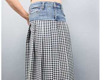 Plaid Pleated Skirt with Denim Yoke | Upcycled Black & White Checkered Midi Skirt | Size Medium