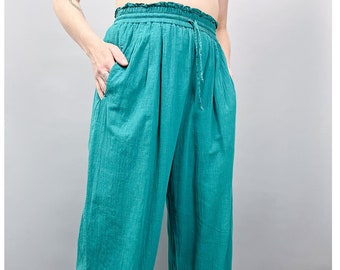Cotton Baggy Pants | Vintage 90's Turquoise Elastic & Drawstring Waist Relaxed Fit Women's Leisure Pants | Size Small