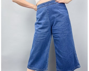 Vintage Denim Capri Pants | 80's High Rise Women's Denim Coulottes | Wide Leg | Size Medium