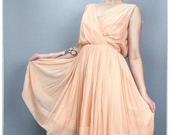 50's Silk Dress | Vintage Peach Semi Formal Sleeveless Dress | Size Extra Small