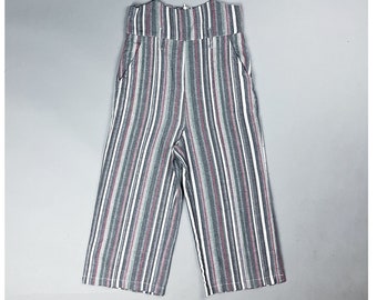 Striped Capri Culottes | Vintage Narrow Stripes Wide Leg Women's Crop Pants with Suspender Straps | Size Small