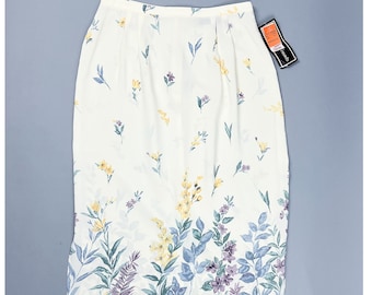 Semi Sheer Skirt | Vintage 90's Buttercream Yellow Wildflower Print Midi Skirt with Leg Slits, Deadstock | Size Medium 30" Waist