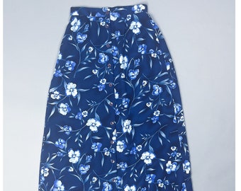 Floral Midi Skirt | Vintage 90's Blue Flower Patterned Button Down Skirt | Size Medium