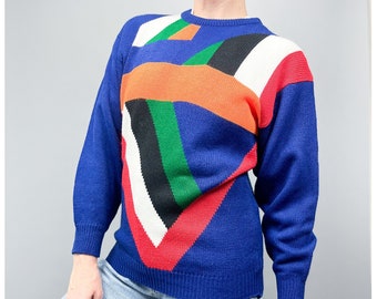 Vintage Abstract Sweater | 80's Multi Color Mixed Stripes Knit Jumper | Size Small