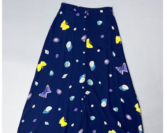 Cottage Core Skirt | Vintage 90's Butterflies & Sea Shells Patterned Button Front Rayon Maxi Skirt | Size Small 27" Waist