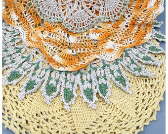 Vintage Doilies Bundle | 70's Yellow, Green Orange Lot of Five Crochet Doilies