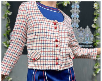 60's Mod Blazer | Vintage Red, Blue & White Check Patterned Women's Boxy Blazer | Size Medium