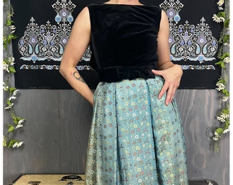 Robe de cérémonie vintage | Robe de soirée années 50 en velours noir et brocart satiné turquoise | Adolescentes | Taille XXS 61 cm