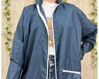 Nylon Windbreaker Jacket | Vintage 80's Navy Blue Full Zip Lightweight Coat with Fold Away Hood | Size Extra Large