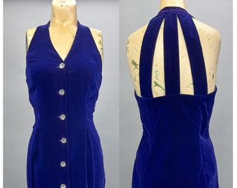 Velvet Cocktail Dress | Vintage 90's Royal Purple Halter Dress with Crystal Buttons, Semi Formal | Size Extra Small