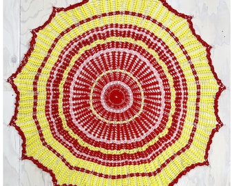 Round Crochet Tablecloth | Vintage 60's Red & Yellow Circle Table Cloth | Bold Colours