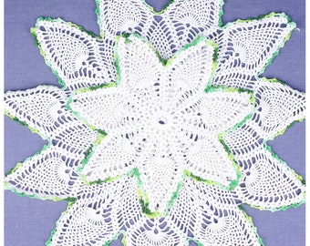 Vintage Crochet Doilies | Set of Three White Dolies with Green Variegated Trim