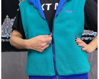 Vintage Fleece Jacket | 90's Reversible Blue & Turquoise Sleeveless Fleece Vest | Original Polar Fleece | Size Large