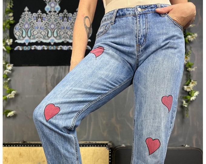 Vintage Painted Jeans 90's Mid Rise Light Blue Jeans With Red Hearts