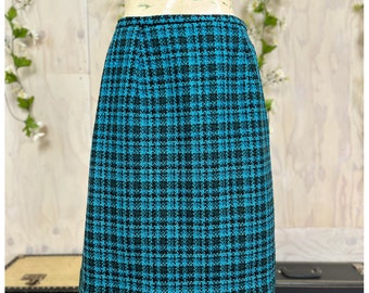 Vintage Tweed Skirt | 60's Bright Turquoise, Green, Black Plaid Knee Length Skirt | Size Extra Small 26" Waist