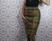 70 39 s Andrew Stewart Mohair Skirt, Knee Length Tartan Pencil Skirt with Fringe, Size Small